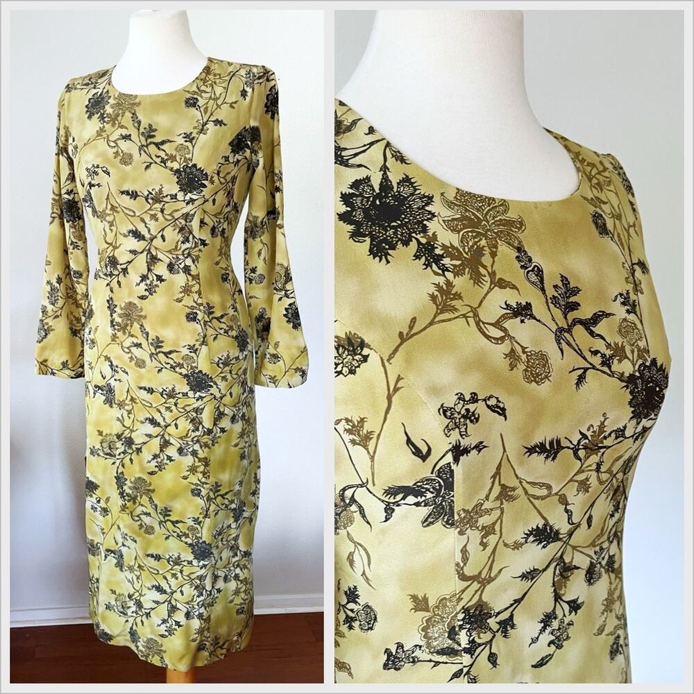 Vintage 90s Green Black Floral Silk Midi‎ Dress Long Sleeve Grunge // Size XS 0